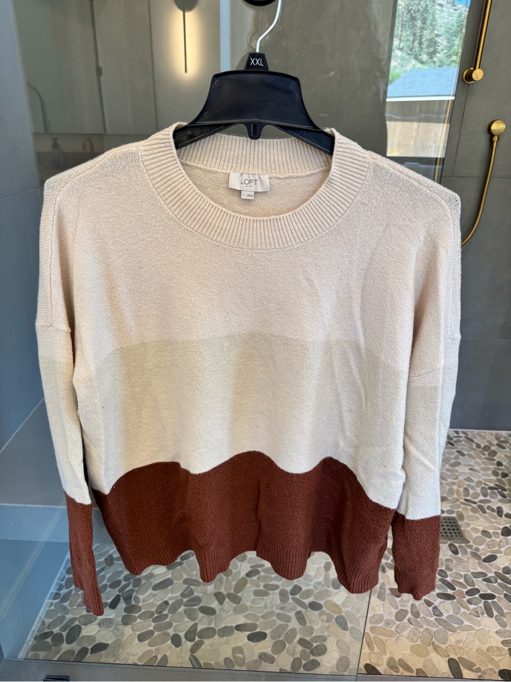 LOFT Cream and Brown Colorblock Crewneck Sweater